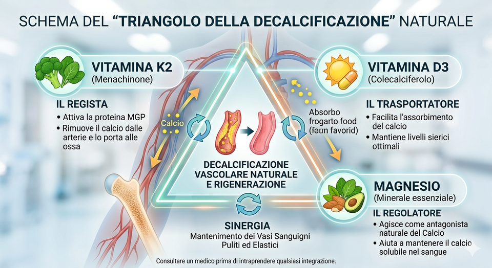 Il Triangolo della Decalcificazione: Vitamina K2, Vitamina D3 e Magnesio come sistema integrato di controllo del calcio vascolare